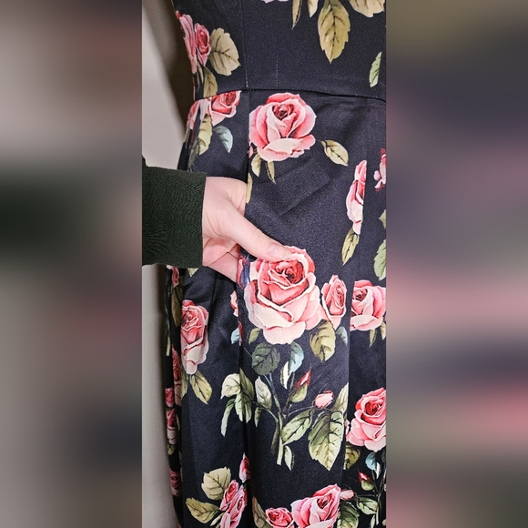 1861 boutique satin roses black pink floral retro 50's 60's dress with pockets - Picture 5 of 9